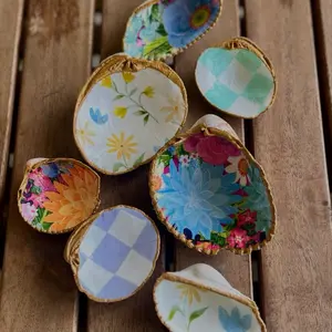 Shell Jewelry Dish - Colorful Floral and Checkerboard Designs for Shell Jewelry Storage
