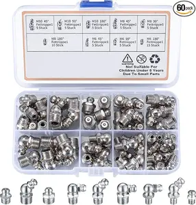 60Pcs Metric Grease Fittings Kit,Straight and Angled Grease Zerk Kit, M6 M8 M10 180 45 90 Degree Hydraulic Grease Zerk Assortment for Angled Grease Guns