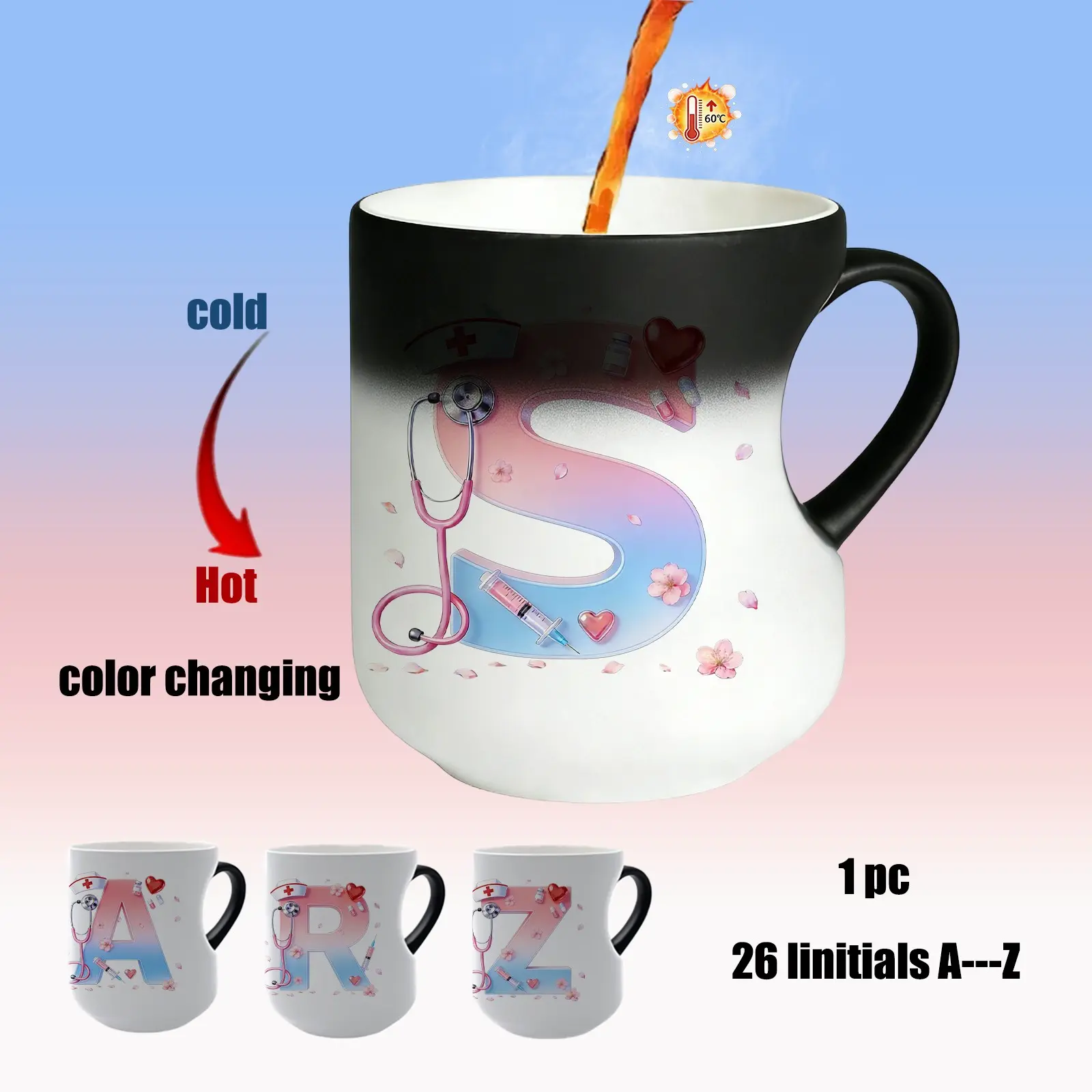 Personalized Nurse Color Changing Ceramic Mug, 26 Initials A-Z, Stethoscope Design, Ideal Nurse Appreciation Gift, Unique Coffee Cup, Coffee Mugs