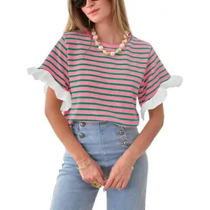 Imily Bela Women Striped Tops Ruffle Sleeve Casual Basic T Shirts Crewneck Short Sleeve Shirt Summer Outfits