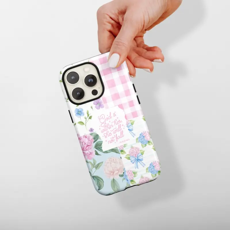 "God Is Within Her" Christian Psalm 46:5 Coquette Patchwork Floral Women's Phone Case, Polycarbonate Casing with Shockproof Protection & Camera Guard, Durable Phone Aesthetic Accessory for iPhone 17,16,15,14-11 (Pro, ProMax, Plus, Air Models), Ideal Gift