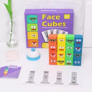 Children's wooden expression blocks can be stacked, fun tower stacking toys with cards, various expressions, parent-child interaction, desktop toys, very suitable for family gatherings and gifts kids learning materials
