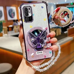 Redmi Note 10 5G Fashion Series Crystal Strap Lanyard Phone Holder Case For Compatible With Xiaomi Redmi Note 10 5G Transparent Glitter Shiny Cover and Durable Cartoon Cute Colorful Small Butterflies Protector Cases