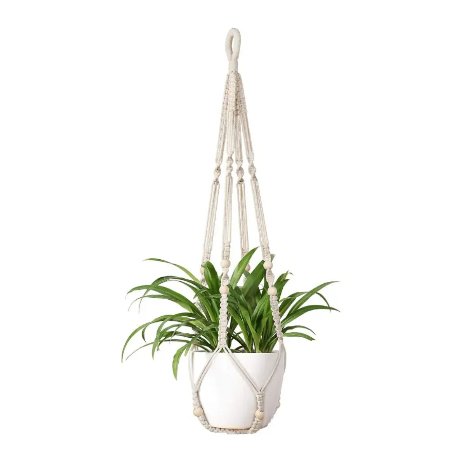 35-Inch Macrame Plant Hanger with Wood Beads, Hanging Plant Holder Basket for Indoor & Outdoor Plants, Boho Home Decor, Ivory