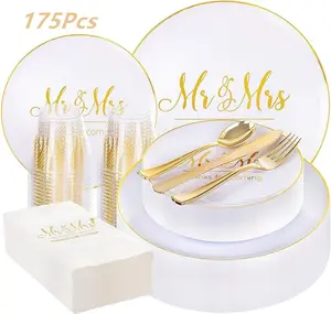 I00000 Mr and Mrs Wedding Plastic Plates and Napkins Set,Bridal Shower Plates Set for 25 Guests Include 25 Dinner Platos,25 Dessert Platos,25 Cups,25 Napkins,25 Gold Cutlery for Engagement Party Decor
