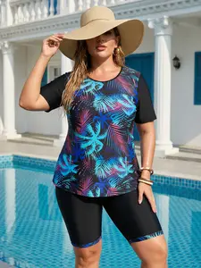 Comfortable, large-size plant-printed tunicini set with vibrant coconut tree designs, Tropical print tankini, slimming surfwear set, Tankini swimwear, perfect for beach parties and holiday celebrations, essential summer staple for radiant women