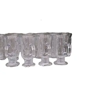 Set of Clear Pressed Glass Coffee Mugs With Handle Round Glossy Finish