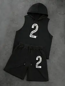Men's Professional Gym Workout 2 Piece Set - Sleeveless Hoodie & Drawstring Shorts - Number 2 Graphic Athletic Training Tracksuit - Breathable Muscle Fit Summer Activewear