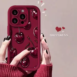 Sexy Wine Cherry Pattern Phone Case , Soft Silicone Tpu Protection and Shockproof For iPhone 17 16 15 Pro Max 14 16Pro 13 12 11 X Plus Air Mini Girl