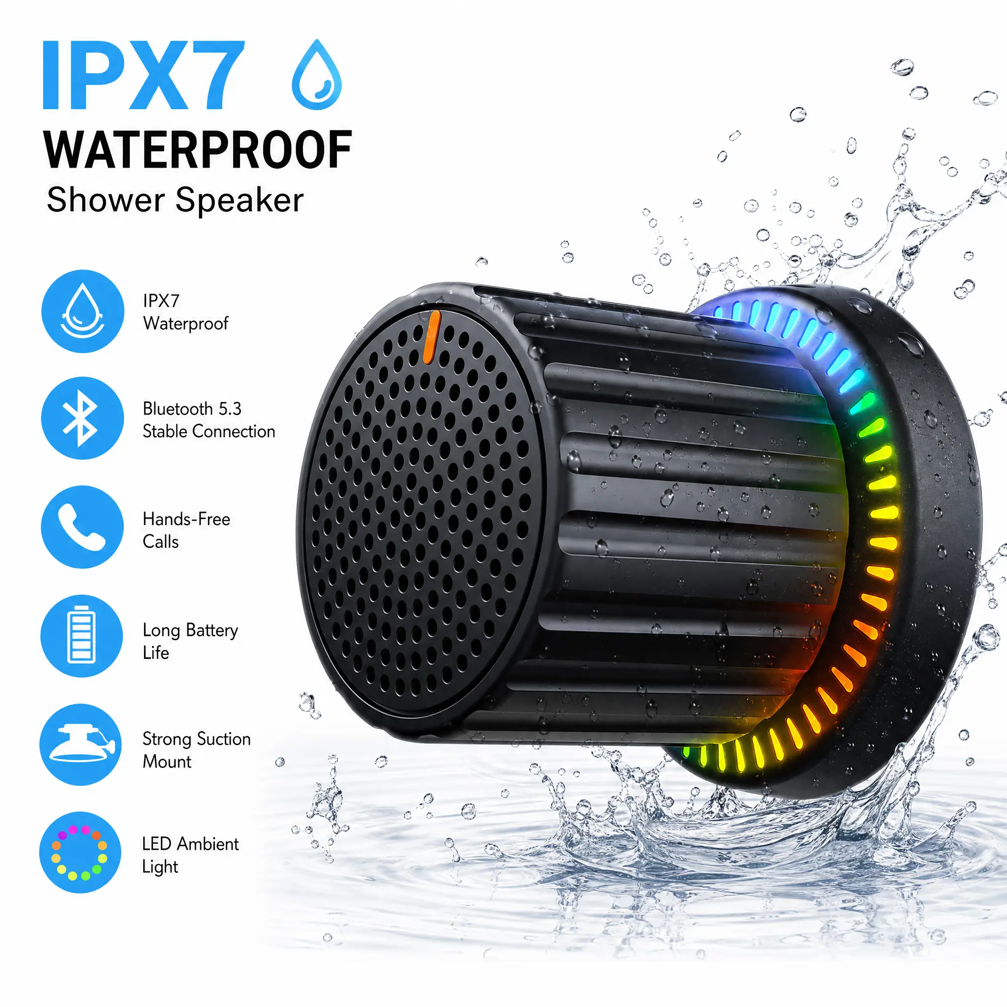 IPX7 Bathroom Rotatable Knob Bluetooth Speaker with Seven Color Lights for Vibrant Party Vibes