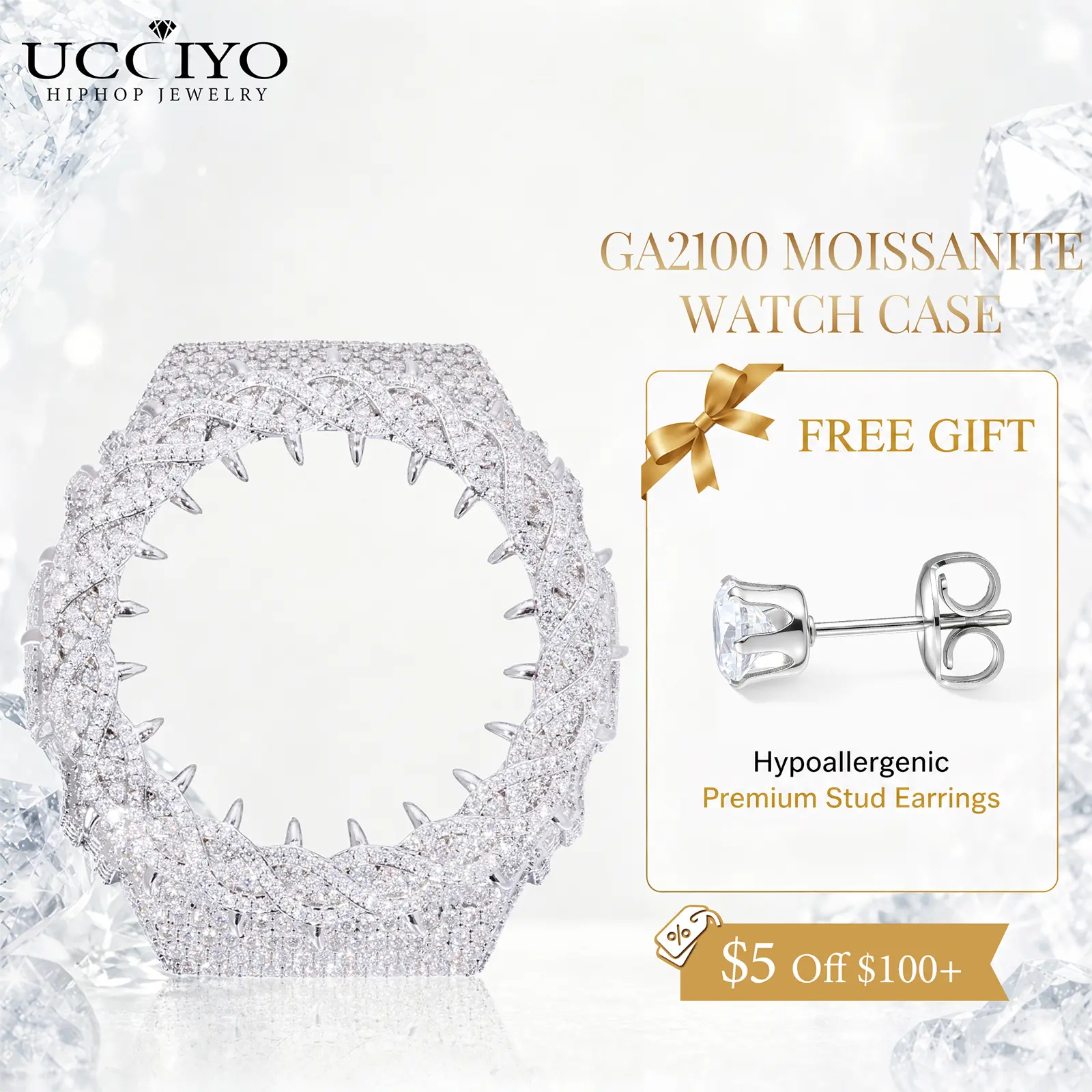 UCCIYO Compatible GA2100 CMW02 Universal Bezel Ice Out Copper Moissanite Watch Case 18K Gold-Plated Lab-Grown Moissanite Crystal-Set Watch Case Unisex Hip-Hop Style Jewelry Gift【CMW02】