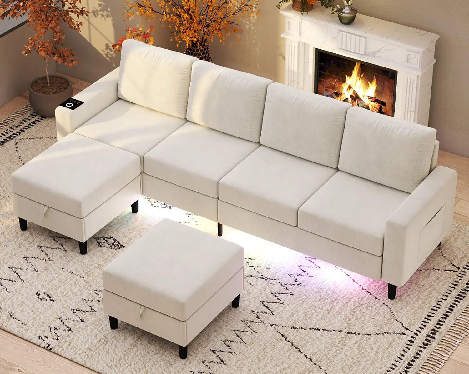 120" Off White U-Shaped Teddy Fleece Modular Sectional Sofa - 6-Seat Deep Seating Living Room Couch, LED Lights, Built-in Audio Player, 2-Package Shipping for Apartments