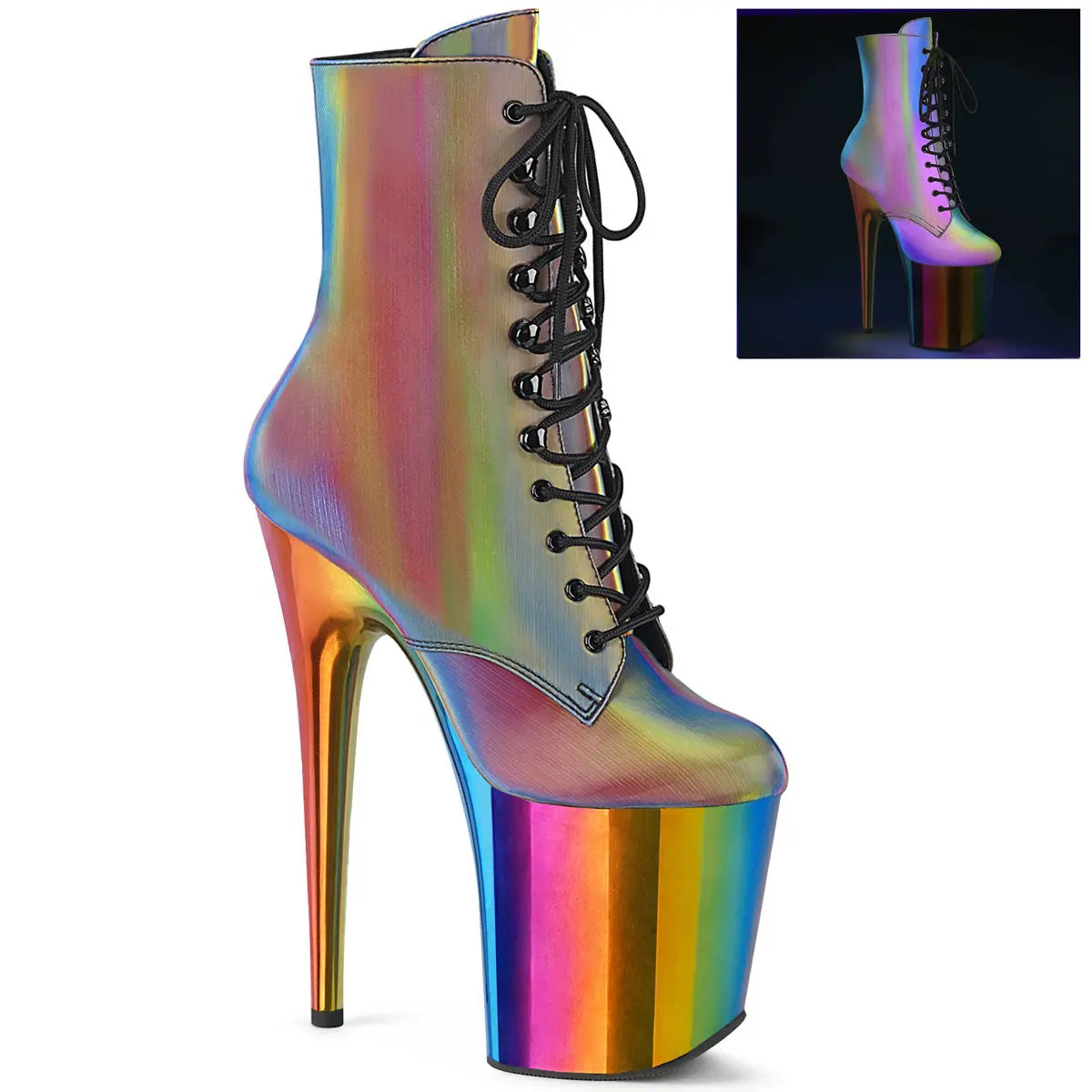 Women's Platform Ankle Boots, Rainbow Reflective Lace-Up with 8-Inch Heel, Side Zip and 4-Inch Chromed Platform, Footwear