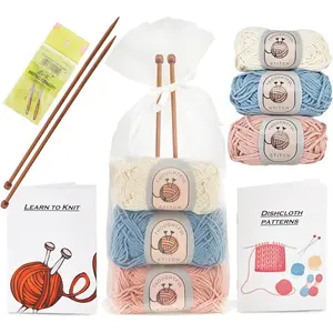 Stitch Knitting Kit for Beginners Adults & Kid Friendly - Complete Knitting Kit to Learn to Knit Yarn Set with Tutorial Book for Hobbies - 100% Cotton Wool & Bamboo Knitting Needle