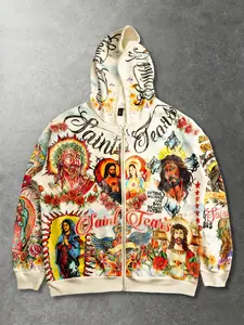 Men's Jesus Christian Full Print Graphic Loose Hooded Sweatshirt, Streetwear Saint Long Sleeve Zippered Casual Fashion Pullover, Unisex Spring/Fall Winter Jacket, Saint
