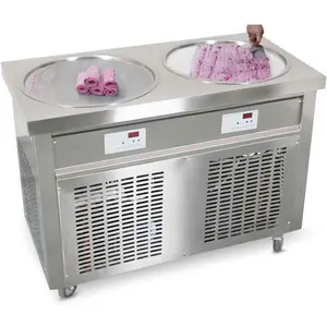 Kolice Commercial ETL NSF UL 55cm 22" Double Round Pans Fried Ice Cream Roll Machine, Yogurt Fry ice Cream Machine - Auto Defrost, Transparent Sneeze Guard
