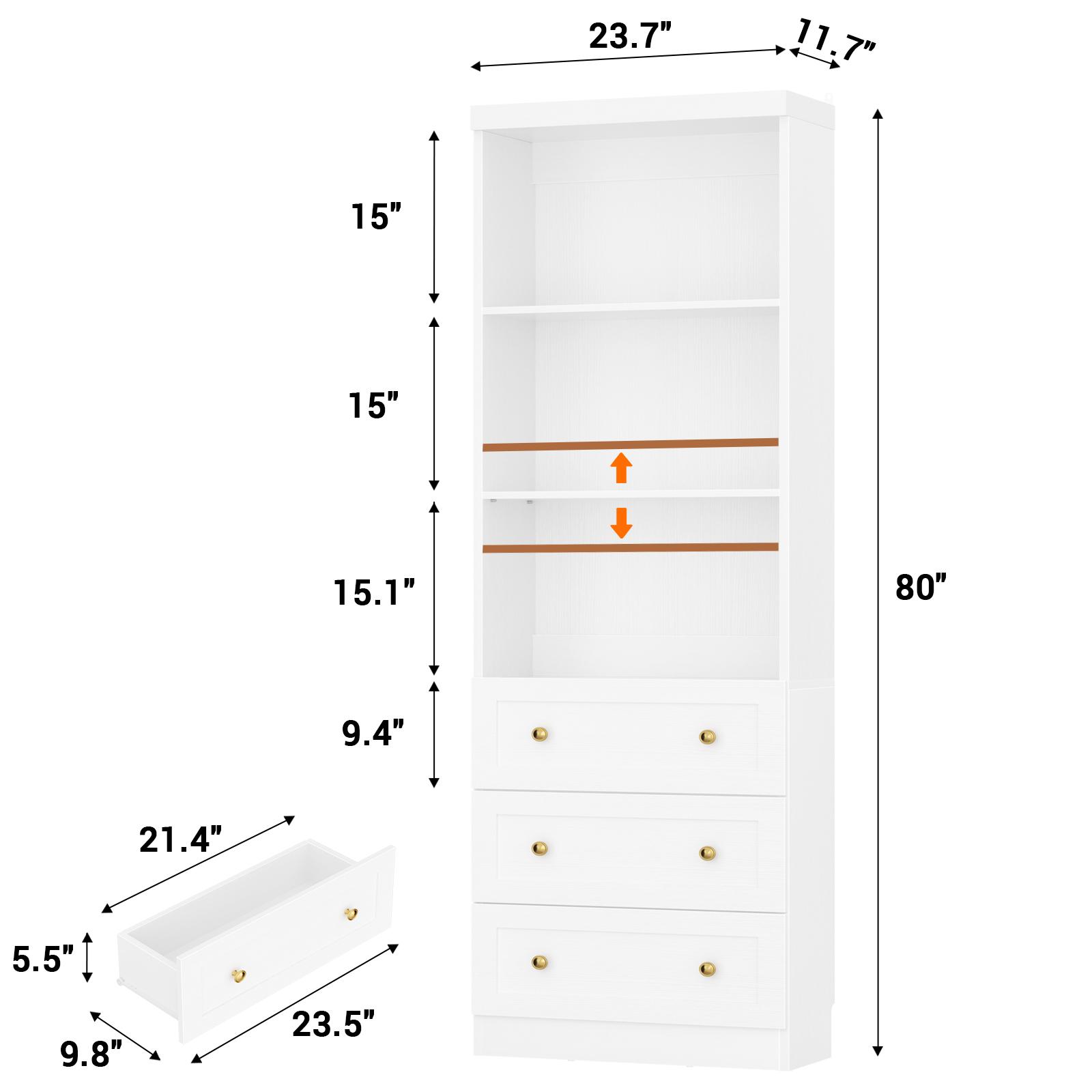 80"Tall Display Bookcase with 3 Wooden Drawers, 24'' W Adjustable Shelves Etagere Bookshelf for Living Room, Home Office, Modern Storage Cabinet