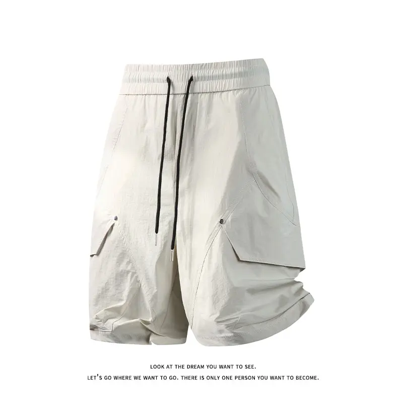 2-pack，Cool Smooth Ice Fabric Wide Leg Knee Length Cargo Shorts Elastic Waist Outdoor Jogging Shorts.  76XJ-DK8724
