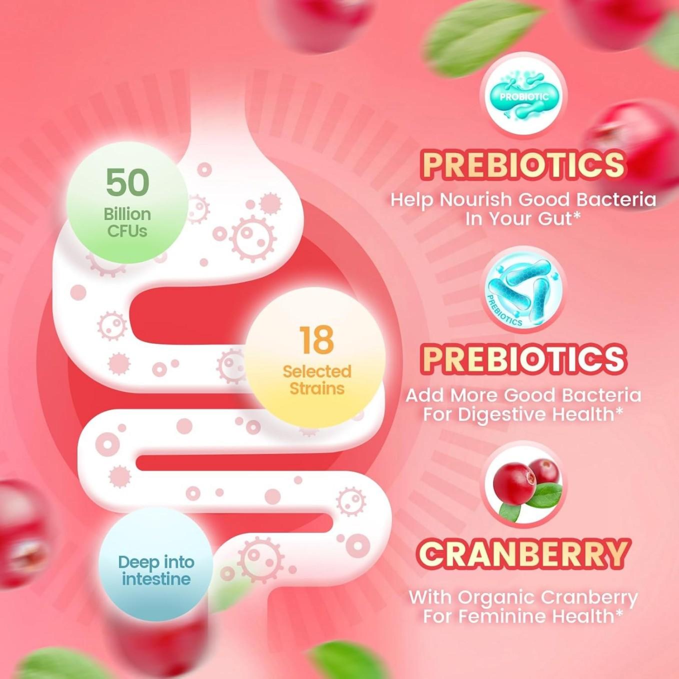 Cranberry Vaginal Probiotics for Women, Prebiotic Gummy Supplements, Yeast & PH Balance Support, 60 Gummies for Feminine Care