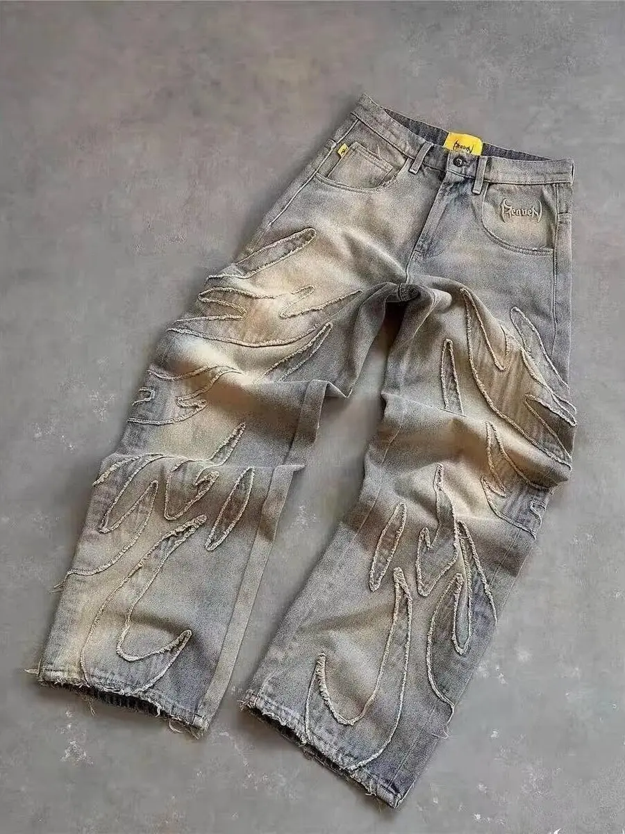 Men's High Cotton Flame Patchwork Baggy Jeans, Raw Edge Frayed Vintage Washed Wide Leg Denim Pants, Casual Streetwear Oversized Loose Fit Denim Jeans for Men
