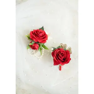 Valentine's Red Silk Rose Prom Corsage with Gold Heart for Wedding, Flower Girl Wrist Pearl Bracelet, Corsage Gift for Mom,Groom Boutonniere
