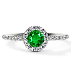 Classic Round Emerald Halo Ring with Prong Set Diamonds (0.78cttw)- REM001-5X5-AAAA