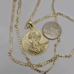 VIRGIN MARY beautiful necklace figaro chain style 24"inches GOLD-PLATED new design