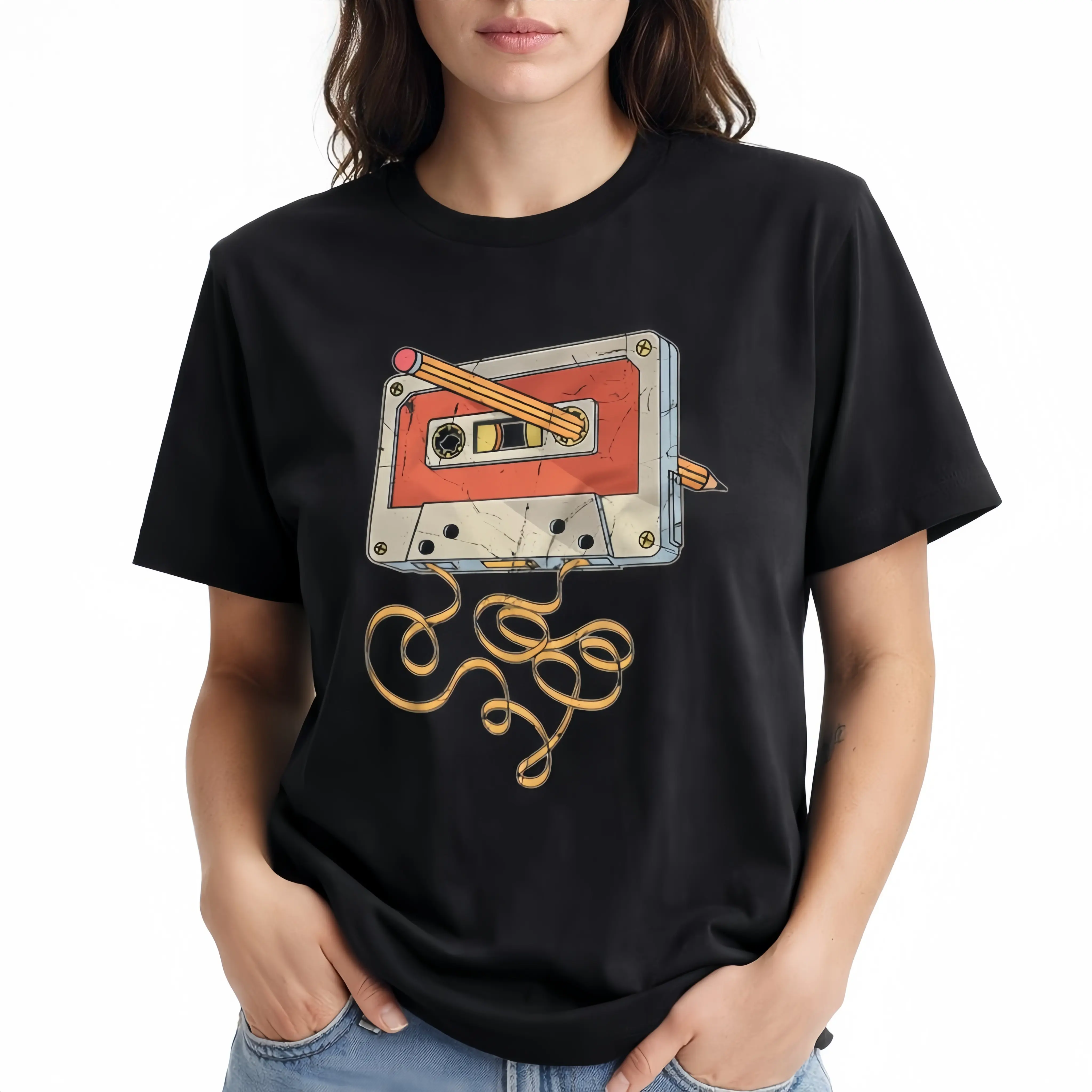 Women's Casual T-Shirt - Soft Cotton Streetwear Hipster Top with Vintage Cassette Tape Repair Print, 80s-90s Nostalgia Round Neck Short-Sleeve Clothes, Cool Birthday Gift for Him (Spring Glow-Up, Summer Vibes)