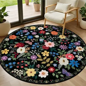 Round Area Rug for Living Room Floral Washable Circle Rug Soft Boho Non-Slip Carpet Indoor Stain Resistant Low Pile Small Circular Rug for Bedroom Entryway Kitchen Nursery Home Office Black