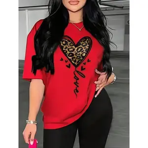 100%Cotton Women's Heart & Leopard Print Drop Shoulder Tee, Summer Graphic Tees Women, Casual Half Sleeve Round Neck Top for Daily Wear, Graphic Tees, Ladies Clothes for All Seasons, T Shirts for Women, Women's Clothing, Womenswear country concert outfits