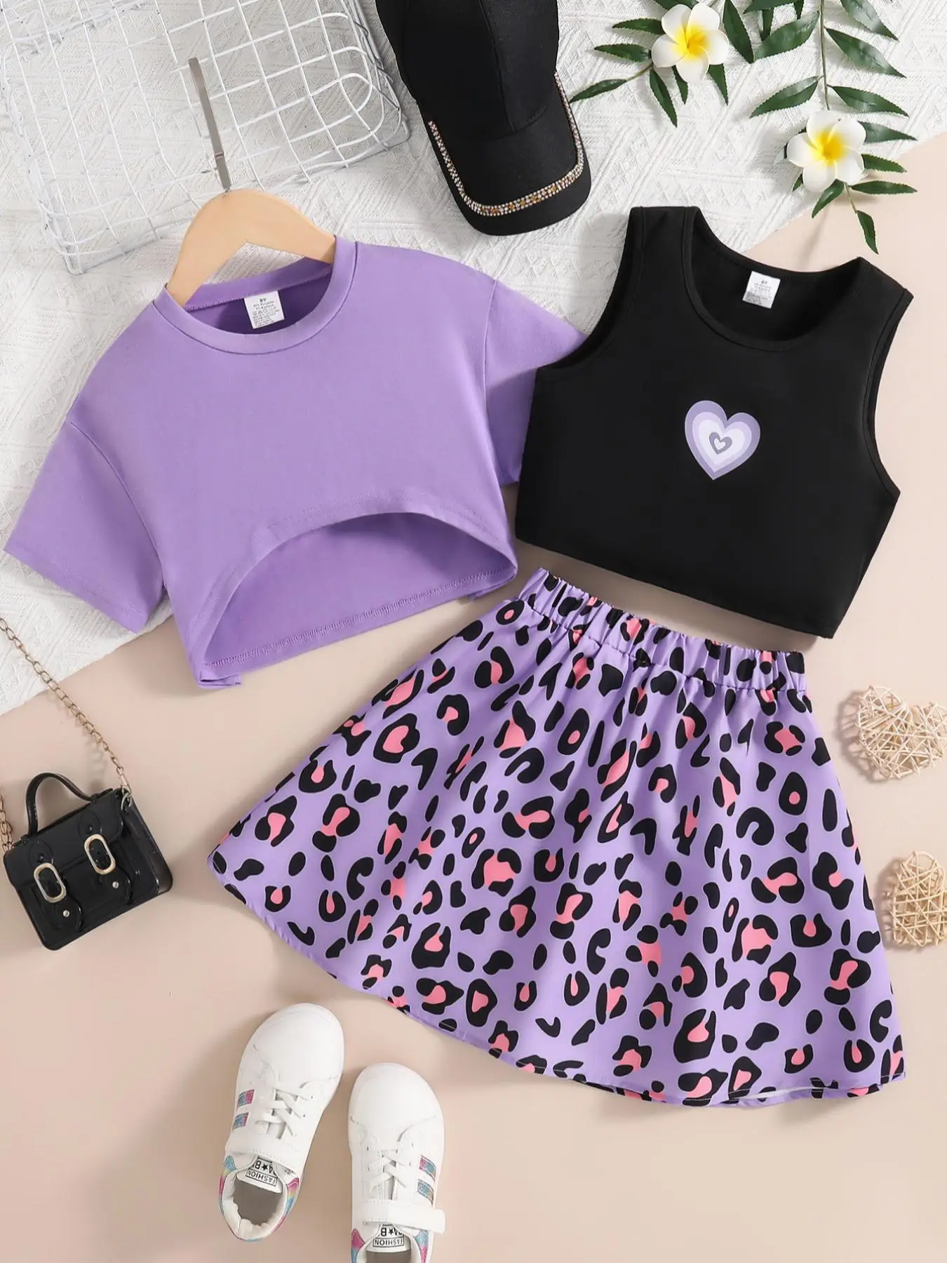 Girl's Short Sleeve Top & Tank Top & Leopard Print Skirt Three-piece Set, Casual Fashion Cozy Three Piece Set for Daily Outdoor Wear, Kids Clothing fo