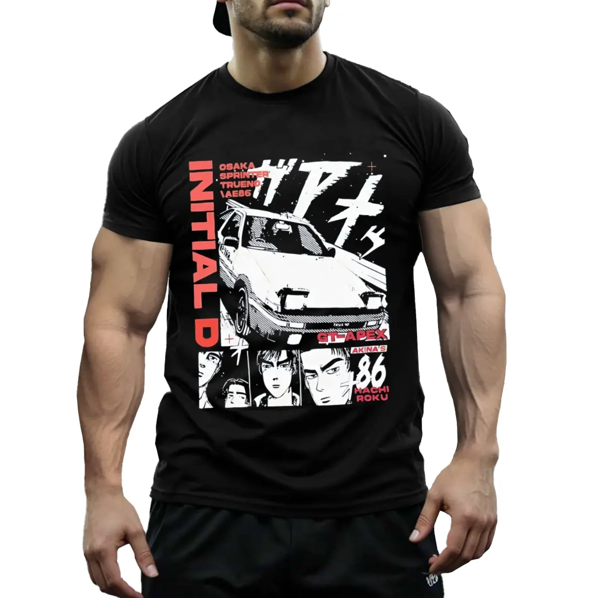 Men's Initial D Anime T-Shirt - Itsuki Fujiwara AE-86 Inspired, Japanese Racing Theme, 100% Cotton, Black with White & Red Graphics, Casual Fit, Sizes S-XXXL