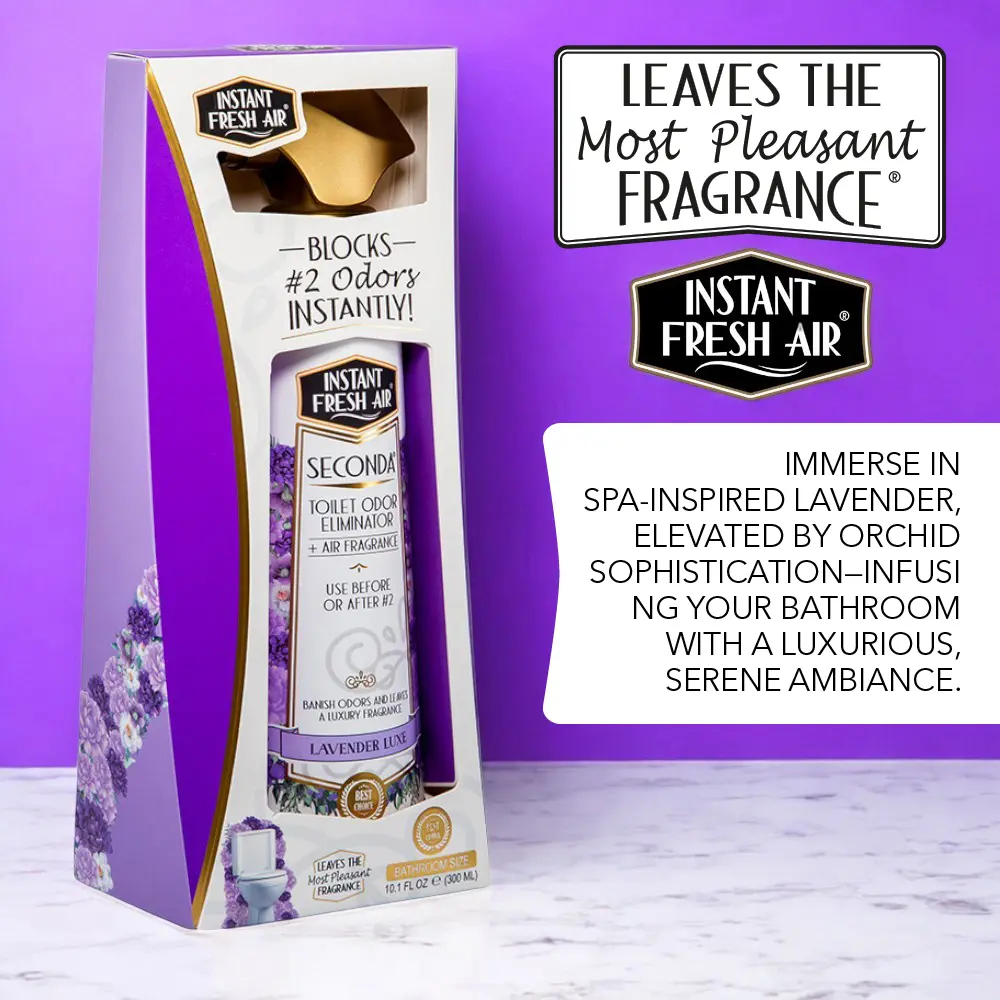 Bathroom-Size SECONDA Lavender Luxe Toilet Spray Odor Eliminator & Air Freshener 10.1 Oz Safe Formula Non-Flammable Scented Deodorizer Blocks #2 Odors Instantly Leaves Pleasant Fragrance Bottle Burst Perfume Aroma Bowl Spray - INSTANT FRESH AIR