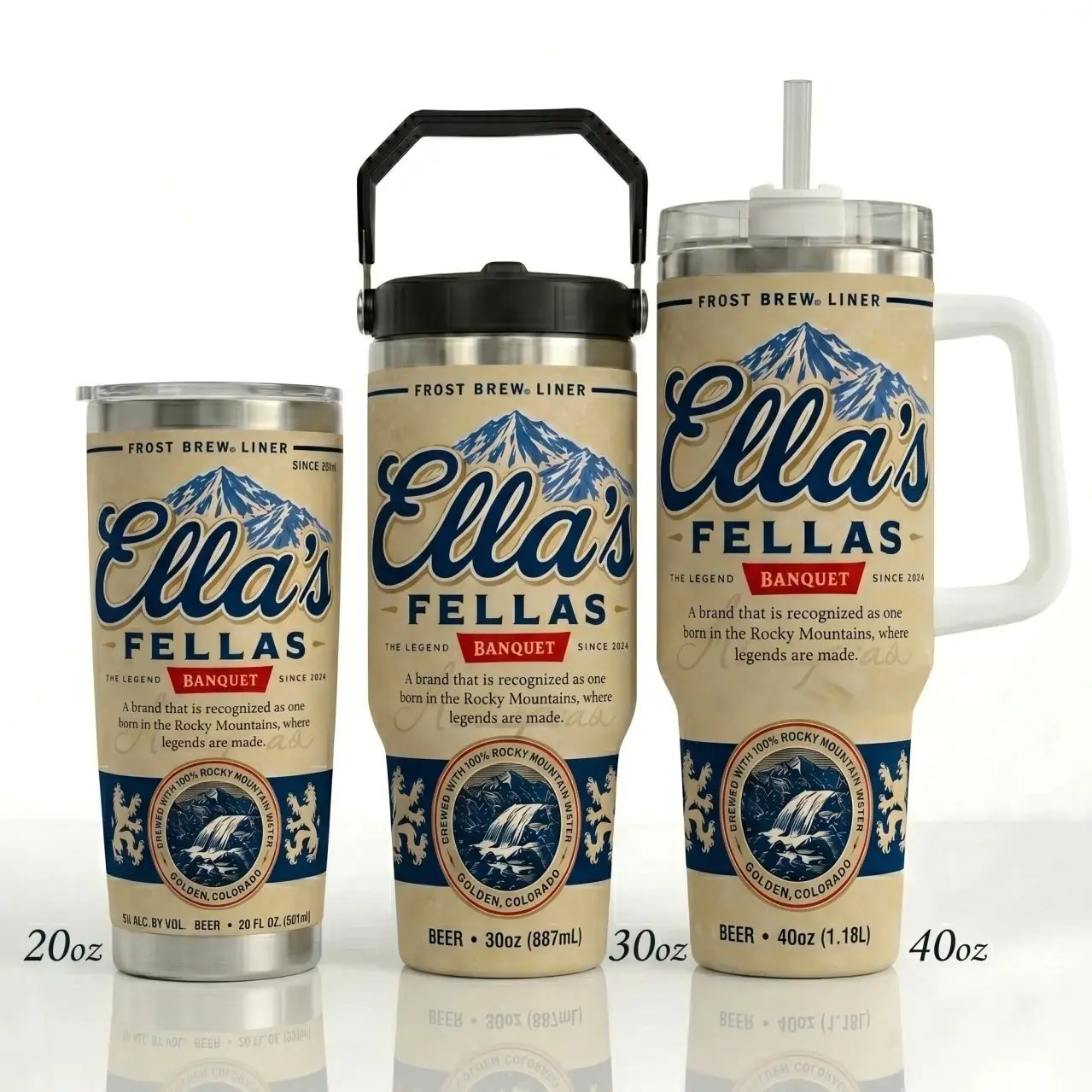 Ella's Fellas Vacuum Insulated Multi-Size Printed Beer Can Tumbler (20oz/30oz/40oz) - Stainless Steel Brewery-Style Portable Drinkware with Handle, Straw, Lid, Ideal Gift for Beer Lovers, Insulation
