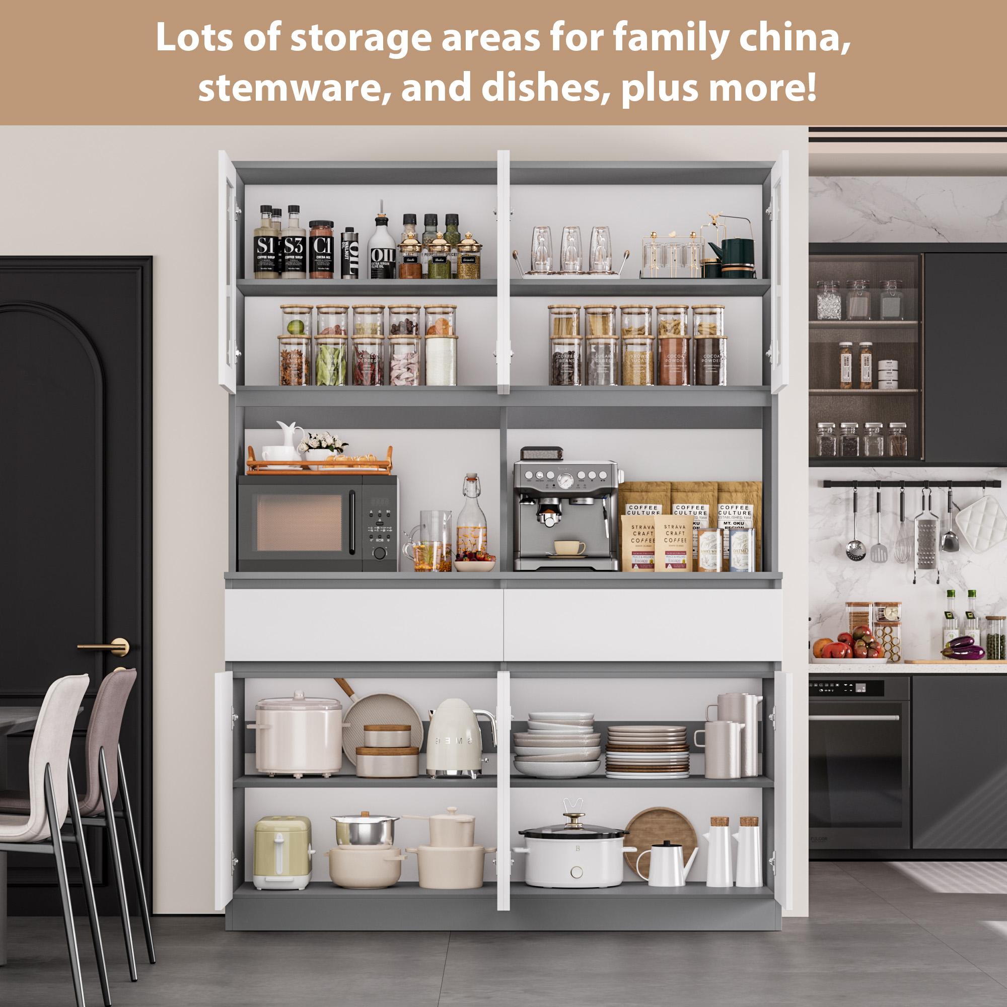 FOTOSOK  74.8" Tall Pantry Cabinet, 55.1" Wide Kitchen Pantry Cabinet  with 2 Drawers, Kitchen Hutch with Microwave Stand, Tall Storage Cabinet for Living Room, White