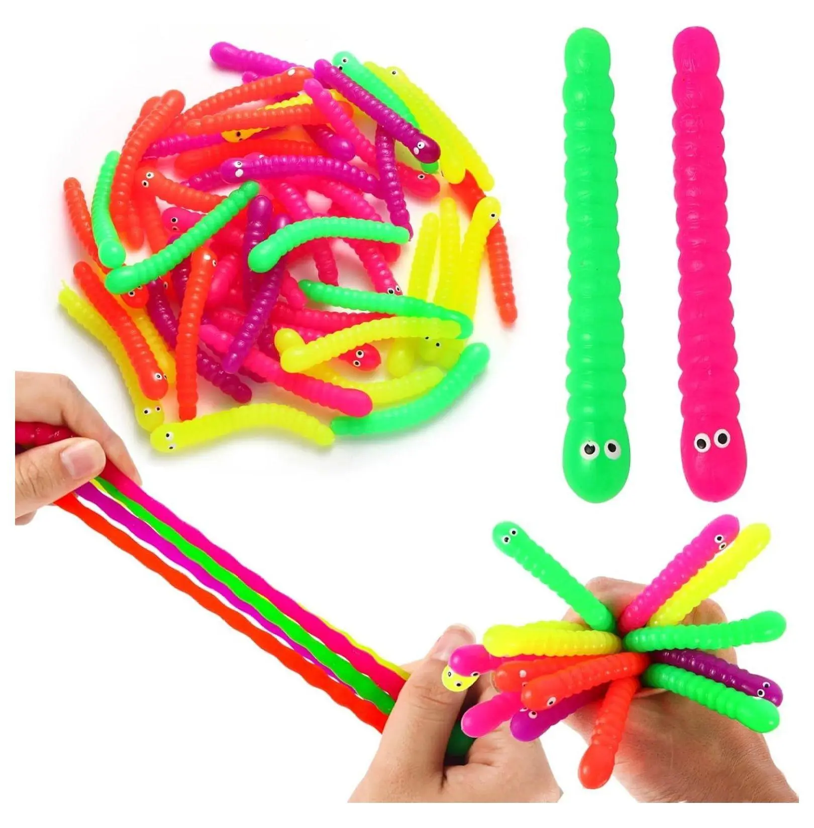 Unisex Stretchy String Worms Fidget Toy Set (50 Pack, 10.2 oz) - Colorful Sensory Fidgeting Toys for Kids, Party Favors Classroom Prizes
