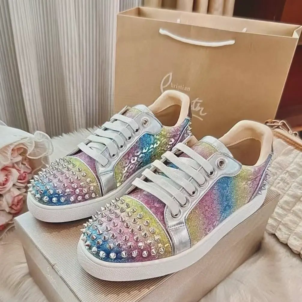Rainbow Glitter Studded Low Top Sneakers, Comfort Flat Casual Walking Shoes, Sparkly Rhinestone Fashion Streetwear Footwear for Daily Commute Party