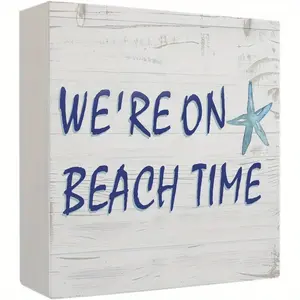 Starfish Coastal Beach Wooden Box Sign, Beachy Coastal Room Decor, Home Decor Products, Decoration, We're on Beach Time Wood Block Plaque Signs for Home Bedroom Dorm Cabin Desk Table Shelf Decor, 5x5 Inch