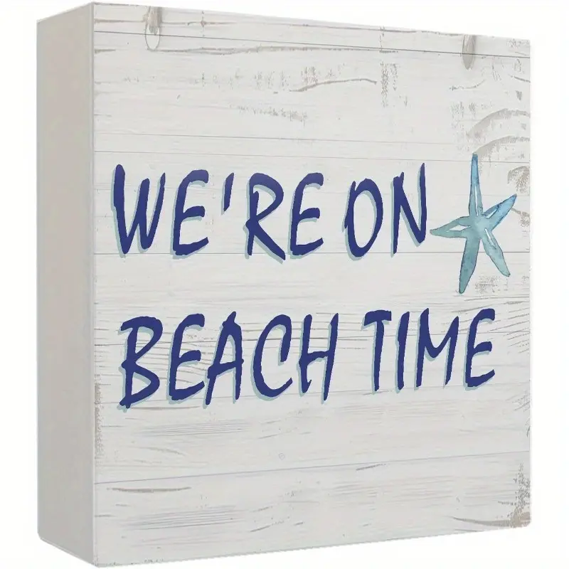 Starfish Coastal Beach Wooden Box Sign, Beachy Coastal Room Decor, Home Decor Products, Decoration, We're on Beach Time Wood Block Plaque Signs for Home Bedroom Dorm Cabin Desk Table Shelf Decor, 5x5 Inch