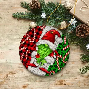Green Christmas Gnome Festive Holiday Ceramic Ornament, Candy Cane and Plaid - Circle, Star, Heart, Oval Shapes