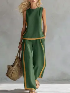 2026 Linen Blend Two Piece Set for Women Sleeveless Color Block Top Wide Leg Pants Set Casual Summer Outfit Womenswear # LinenSet # WideLegPants # ColorBlock # SummerOutfit # BohoFashion # CasualWear # Outfit of the Day # WomensFashion