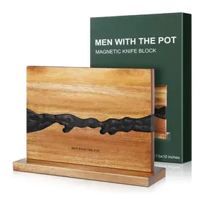 MEN WITH THE POT Magnetic Knife Block 13 x 10 Inches, Double Sided Magnetic Knife Holder Rack for Kitchen Counter Top, Space Saving Free Standing Wood Magnetic Knife Storage Stand with Black Resin