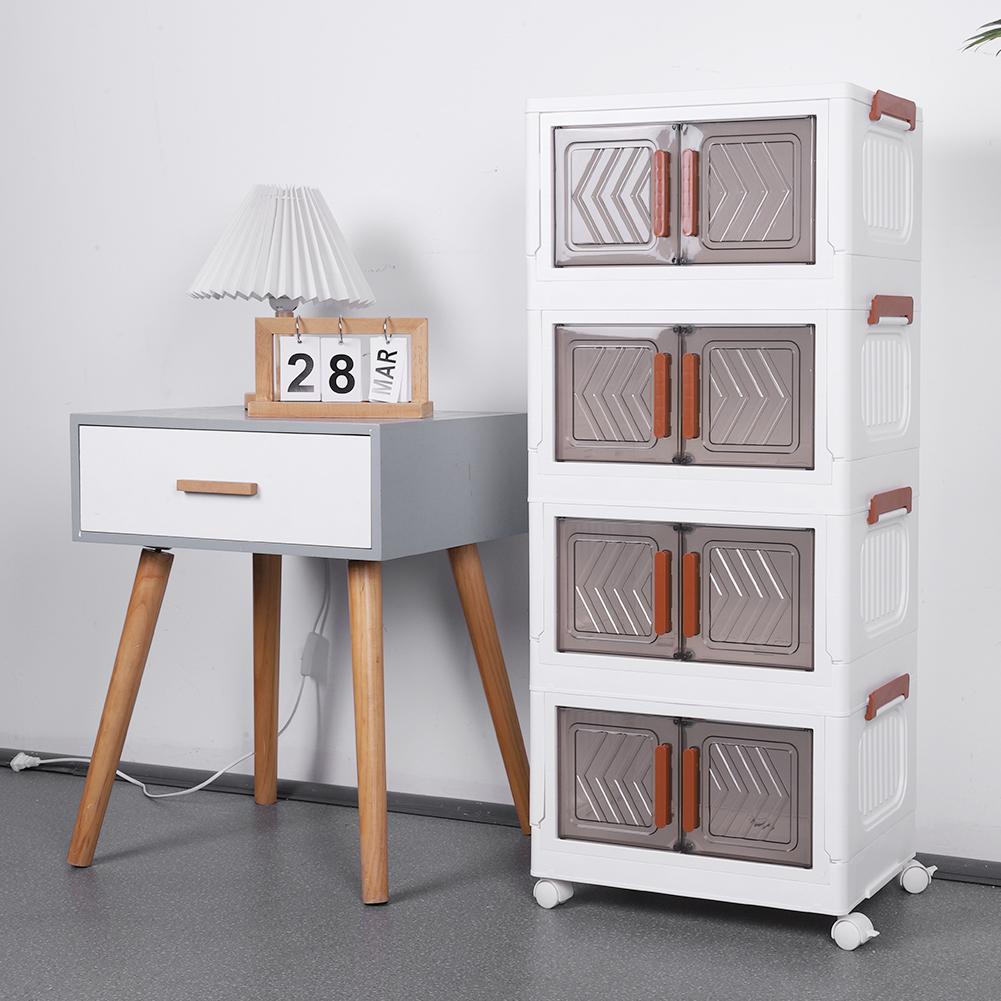 4 Tier Collapsible Storage Bins with Doors & Wheels Stackable Closet Organizers (Clear White)