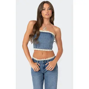 Edikted Women's Karlie Lace Trim Denim Tube Top