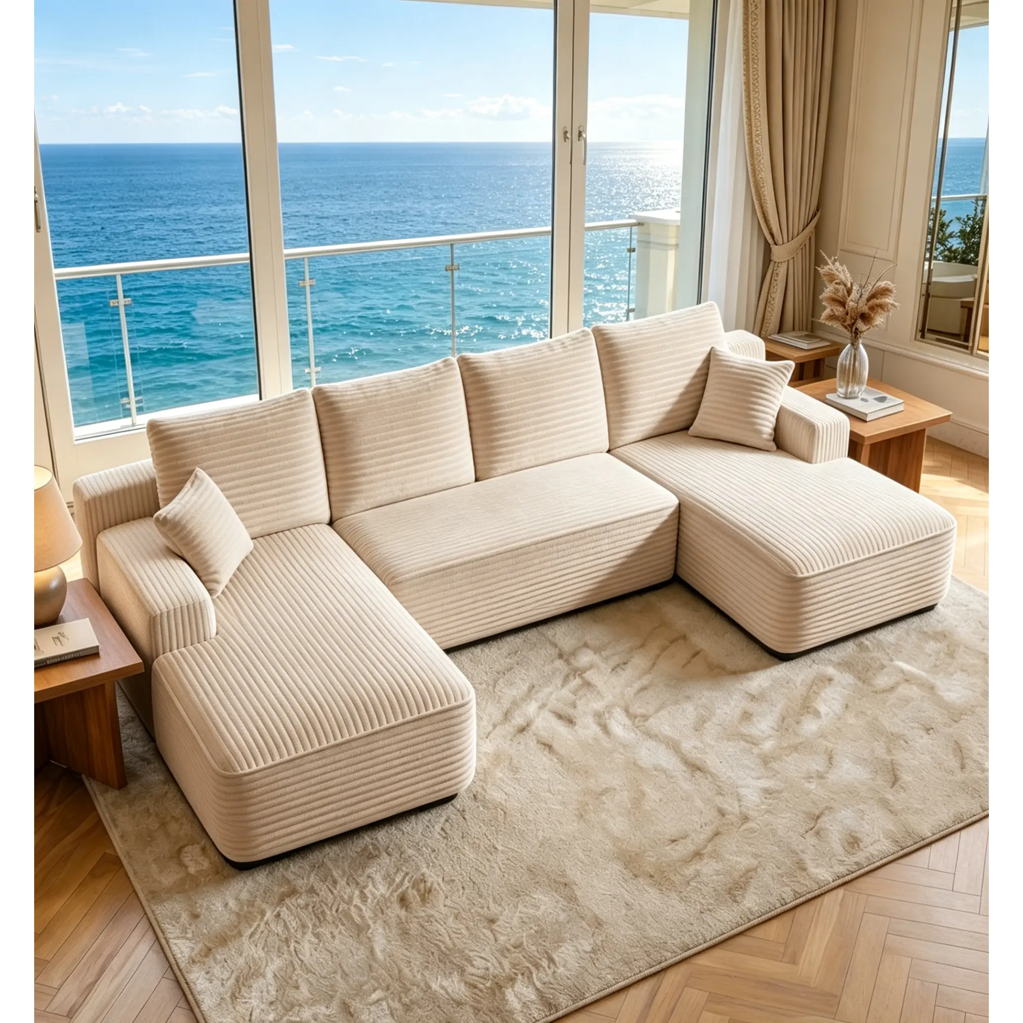 2-Piece Set CIDO 131" Modular U-Shaped Cloud Sofa with Footstool, Corduroy & Memory Foam, No Assembly couch dupe sala para bean bag chair living room furniture comfy chenille deep seat sofa suhi go