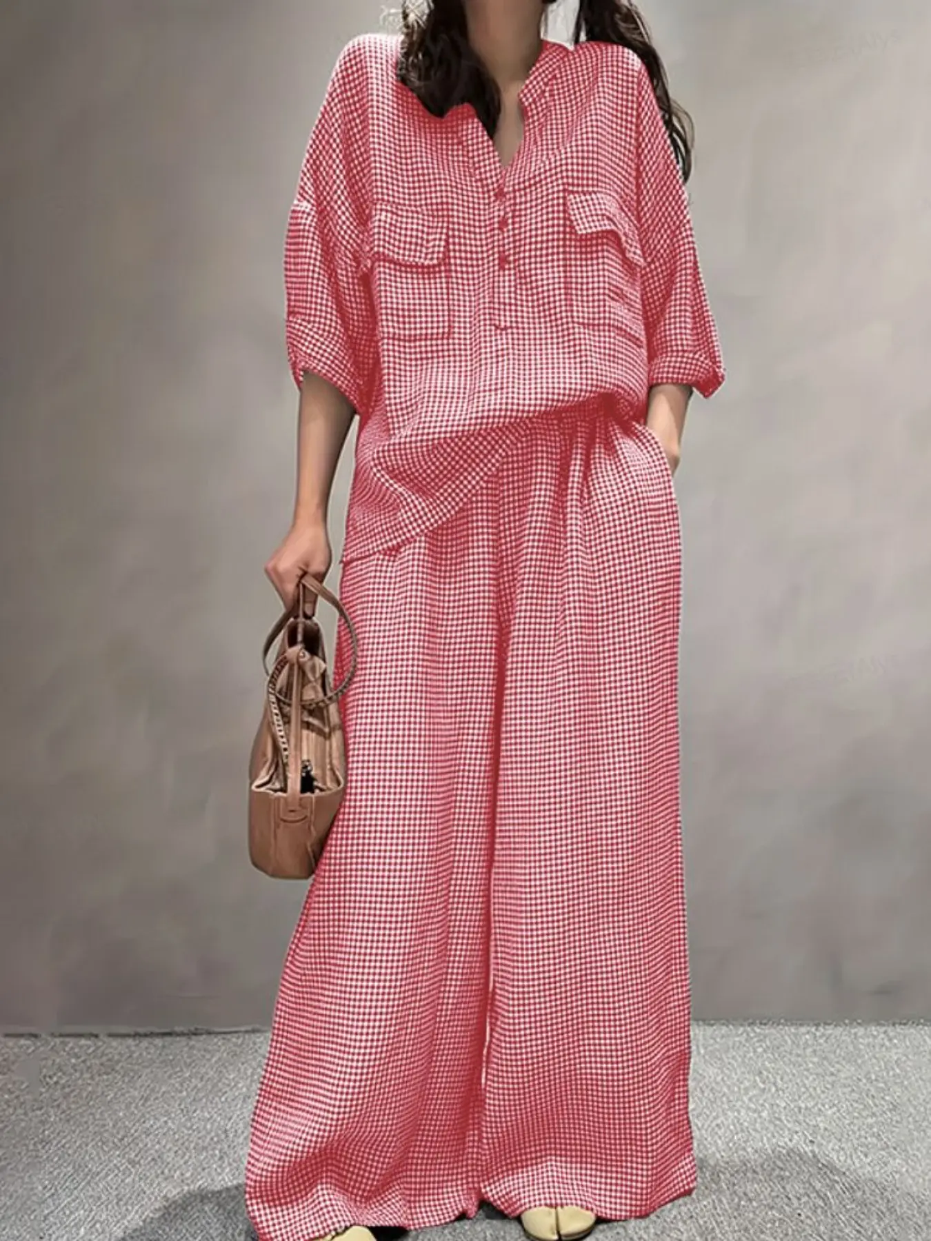 Women's Commuter Street Fashion Plaid Workwear Shirt Top + Elastic Waist Wide Leg Pants Set with Pockets, Casual Style Set, Casual Outfit, Matching Clothing Set