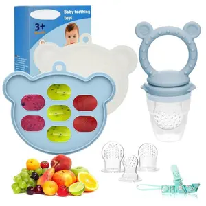 Baby Breastmilk Popsicle Molds & Fruit Feeder (2 Pack), Silicone Baby Food Freezer Tray Storage Containers, Infant Teething Pacifier Feeder and Teether Toys for Babies - Sky Blue