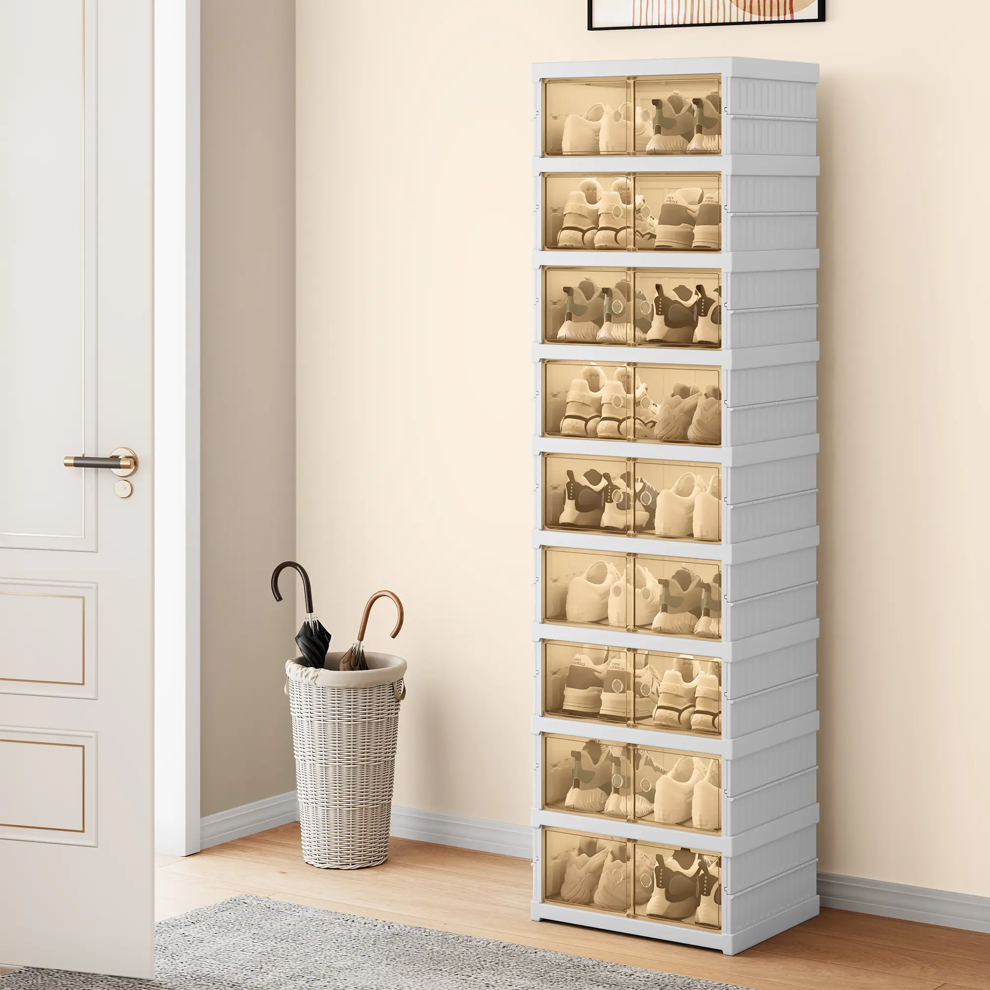 Yitahome 9 Tiers-18 Pairs Shoe Organizer Storage Box for Closet, Foldable Shoe Rack with Magnetic Doors, Collapsible Sneaker Cabinet for Entryway, Liv