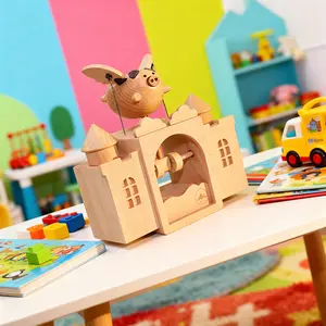 Wooden Mechanical Creative Ornament Music Box - Cute Castle Flying Pig Gift Decoration Toy for Kids Acrylic Guitar