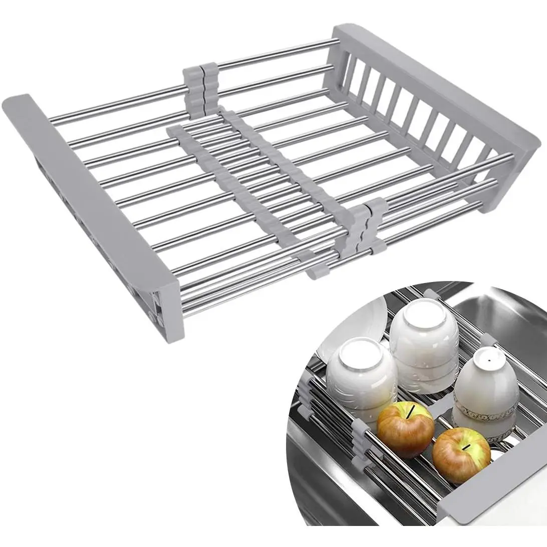 Stainless Steel Adjustable Over-The-Sink Kitchen Dish Drying Rack - High Capacity Countertop Organiser with Silicone Accents, Durable Ventilation, Drainage, Multifunctional for Vegetable & Fruit Draining (Grey) - Makes Dishes Dry Faster